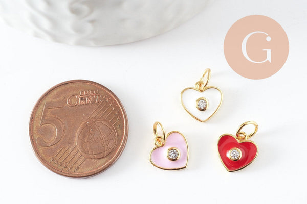 Pendentif coeur laiton doré émaillé et zircon 9x9mm ,pendentif doré,coeur doré, pendentif laiton doré, x1 (G3578)