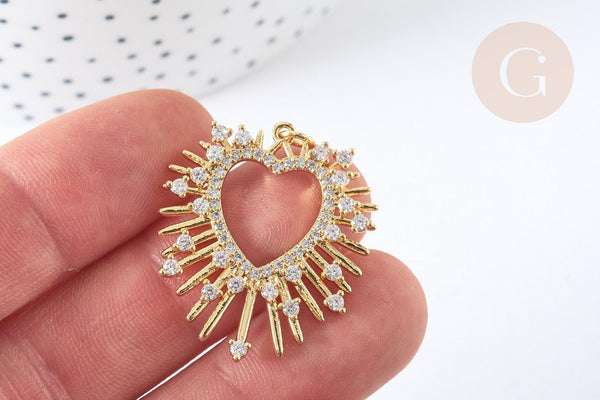 Pendentif cœur laiton doré et cristal zircon anneau jonction 32mm, x1 (G7382)