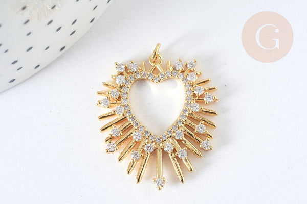 Pendentif cœur laiton doré et cristal zircon anneau jonction 32mm, x1 (G7382)