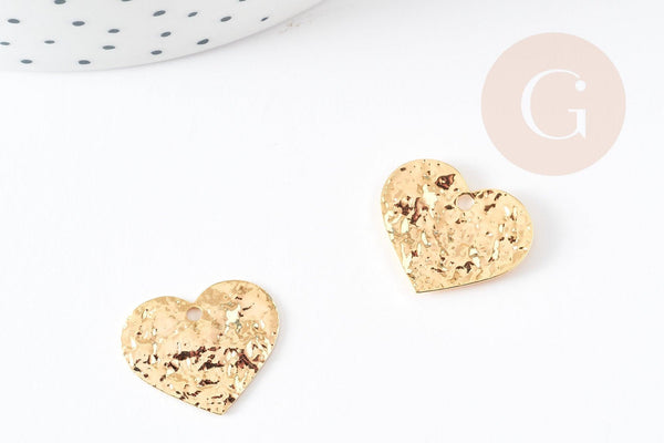 Pendentif coeur martelé laiton doré 18K, pendentif géométrique texturé création bijoux, 20x17mm, x2 G3302