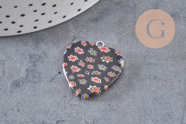 Pendentif cœur millefiori verre murano 27mm, x1 (G7143)