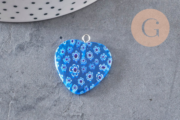 Pendentif cœur millefiori verre murano 27mm, x1 (G7143)