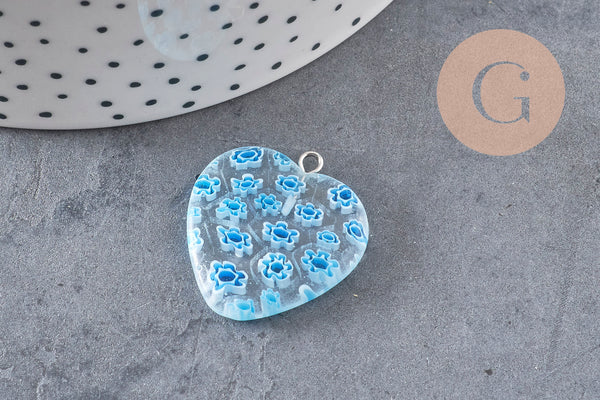 Pendentif cœur millefiori verre murano 27mm, x1 (G7143)