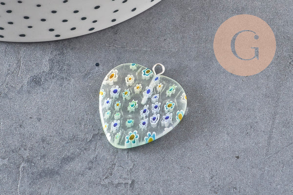Pendentif cœur millefiori verre murano 27mm, x1 (G7143)