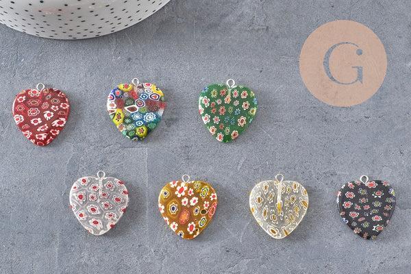 Pendentif cœur millefiori verre murano 27mm, x1 (G7143)