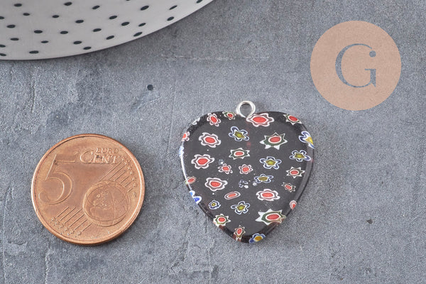 Pendentif cœur millefiori verre murano 27mm, x1 (G7143)