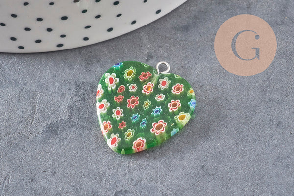 Pendentif cœur millefiori verre murano 27mm, x1 (G7143)