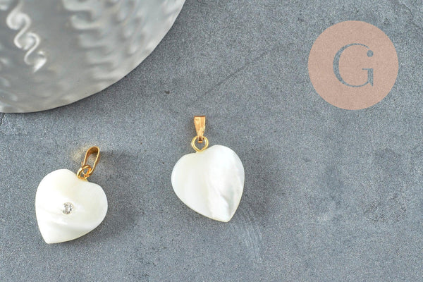 Pendentif coeur nacre blanche naturelle doré cristal 19mm, x1 (G1065)