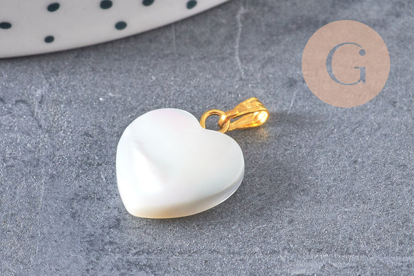 Pendentif coeur nacre blanche naturelle laiton doré 19mm, x1 (G1066)