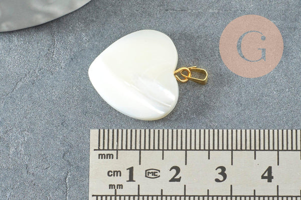 Pendentif coeur nacre blanche naturelle laiton doré 20mm, x1 (G2609)