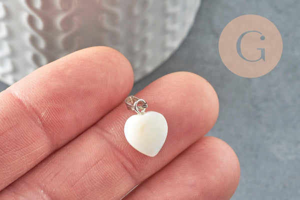 Pendentif coeur nacre blanche naturelle laiton platine 12-13mm, x2 ou x5 (G3993)