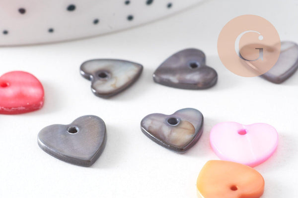 Pendentif coeur nacre naturelle multicolore 12mm, x 10 (G1855)