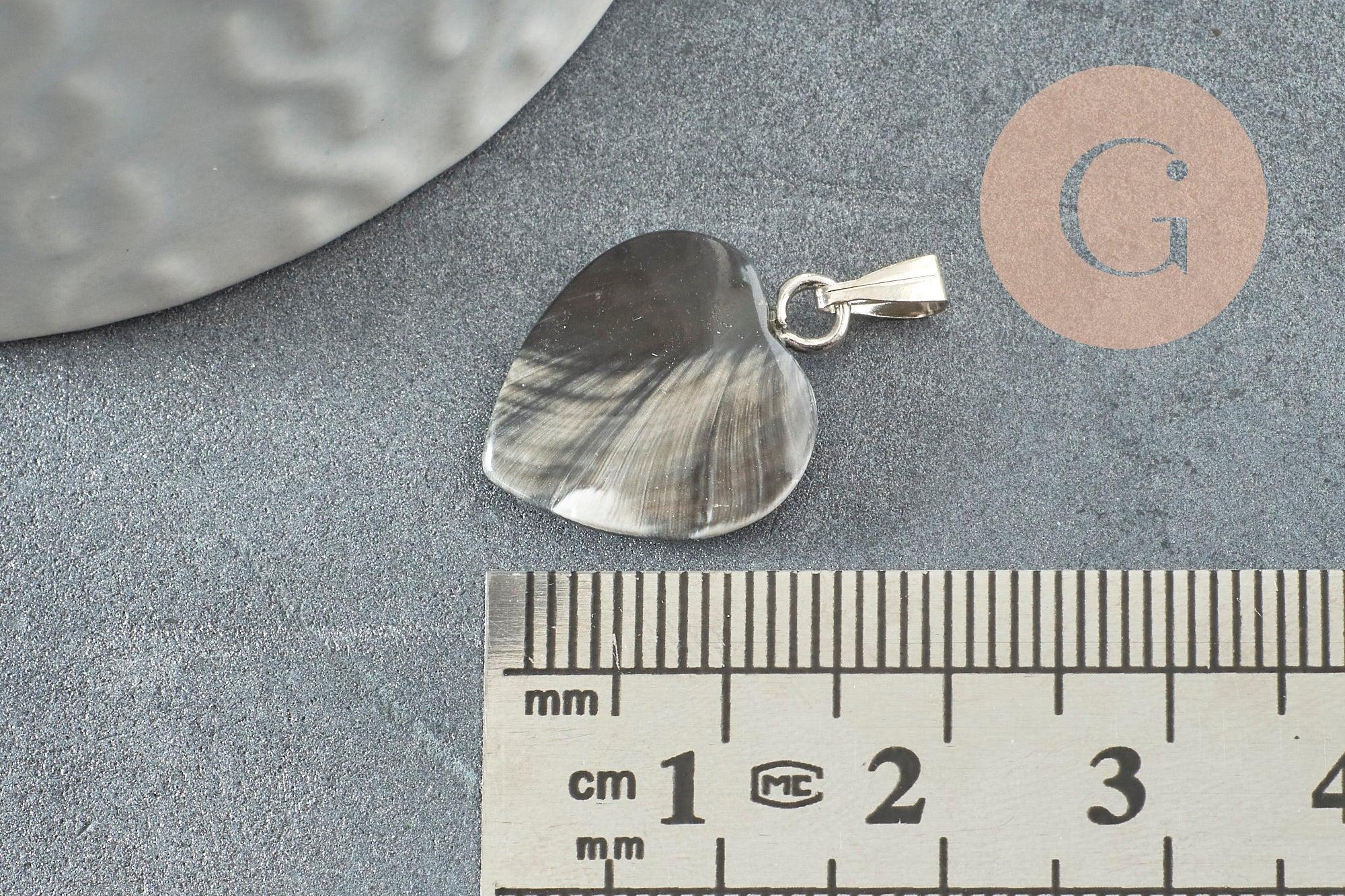 Pendentif coeur nacre noire naturelle platine 17-19mm, x1 (G3994)