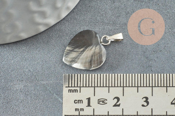 Pendentif coeur nacre noire naturelle platine 17-19mm, x1 (G3994)