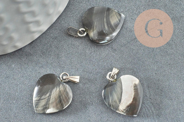 Pendentif coeur nacre noire naturelle platine 17-19mm, x1 (G3994)