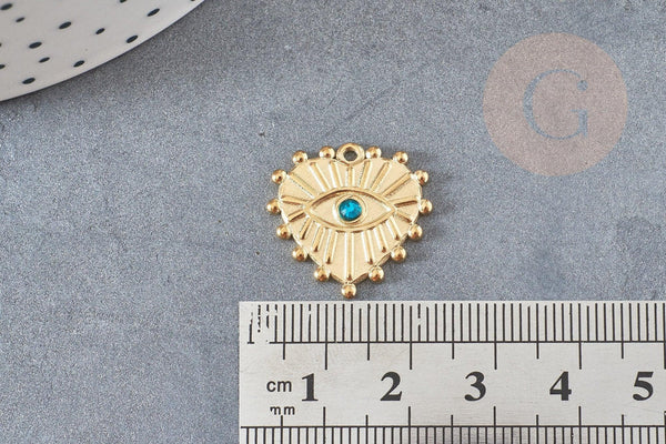 Pendentif coeur oeil acier doré inoxydable zircon vert 19.5mm, un joli pendentif pour la création de bijoux DIY, x1,G6032