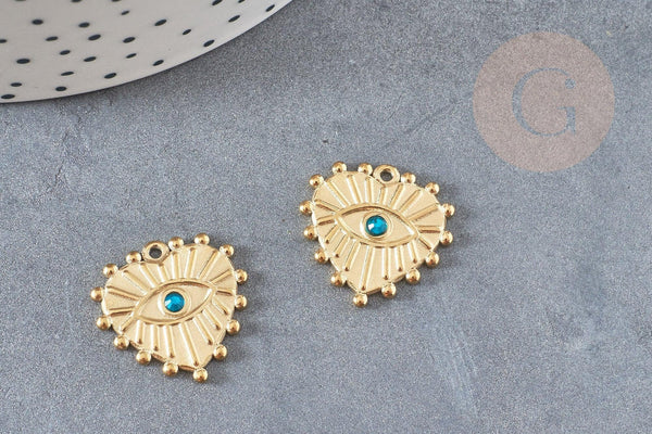 Pendentif coeur oeil acier doré inoxydable zircon vert 19.5mm, un joli pendentif pour la création de bijoux DIY, x1,G6032