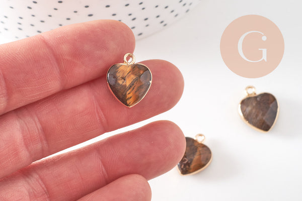 Pendentif coeur oeil de tigre naturel facettes 17mm, x1 (G2527)