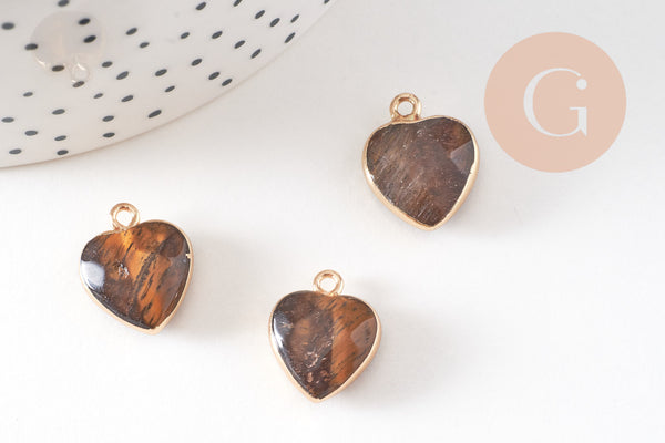 Pendentif coeur oeil de tigre naturel facettes 17mm, x1 (G2527)