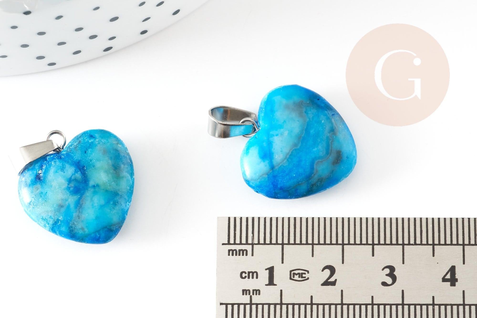 Pendentif coeur pierre naturelle bleu turquoise laiton platine 22mm, pendentif pour création bijou amour x1 G9262