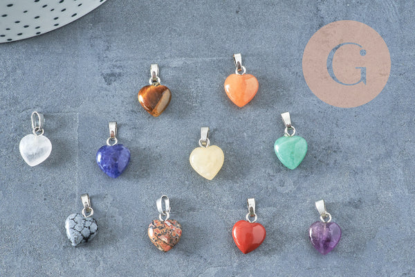 Pendentif coeur pierre naturelle laiton platine 10-12mm, x1 (G4129)