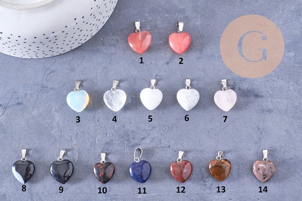 Pendentif cœur pierre naturelle laiton platine 17~19mm, x1 (G7958)