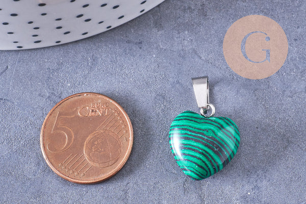 Pendentif cœur pierre naturelle laiton platine 17~19mm, x1 (G7958)