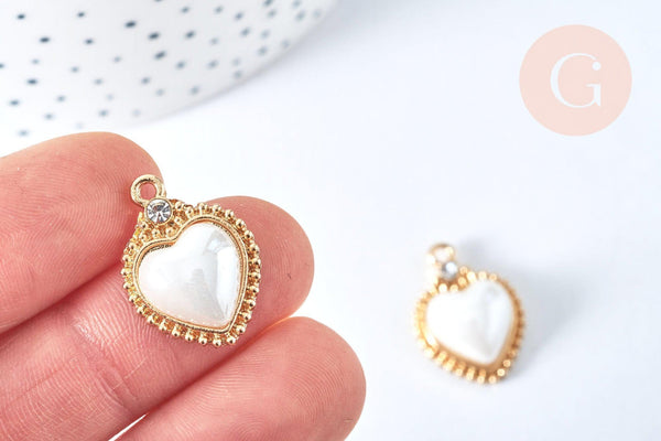 Pendentif cœur porcelaine strass blanc laiton doré 18K 23mm, perle porcelaine cœur pour fabrication bijoux, x1 G6973