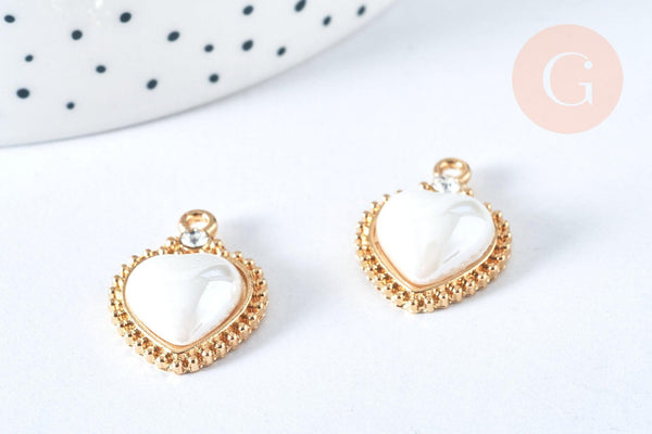 Pendentif cœur porcelaine strass blanc laiton doré 18K 23mm, perle porcelaine cœur pour fabrication bijoux, x1 G6973