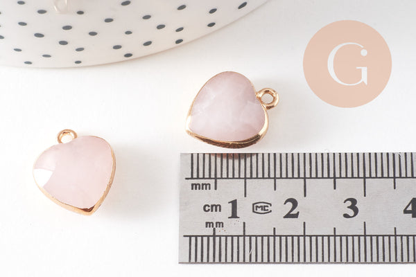 Pendentif coeur quartz rose facette fer doré 17mm,pendentif bijoux pierre naturel, x1 (G0856)