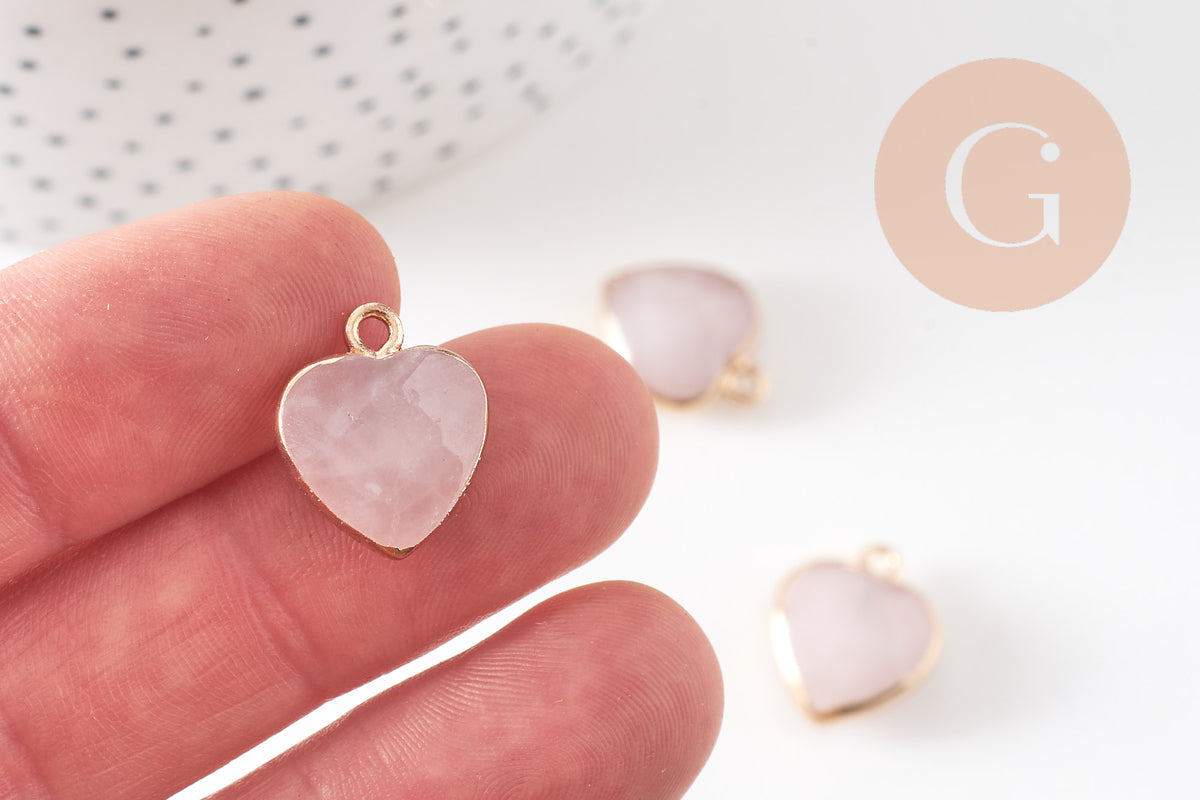 Pendentif coeur quartz rose facette fer doré 17mm,pendentif bijoux pierre naturel, x1 (G0856)