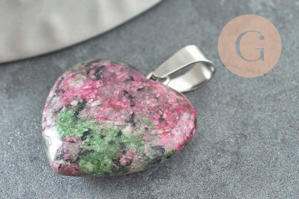 Pendentif coeur rubis zoisite naturel laiton platine 22mm, pendentif pour création bijou amour x1 G2580