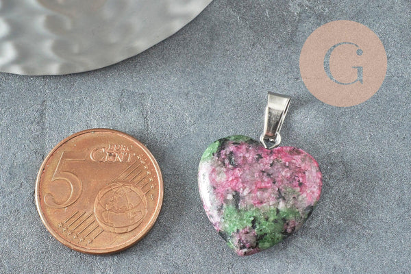 Pendentif coeur rubis zoisite naturel laiton platine 22mm, pendentif pour création bijou amour x1 G2580