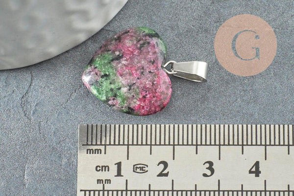 Pendentif coeur rubis zoisite naturel laiton platine 22mm, pendentif pour création bijou amour x1 G2580