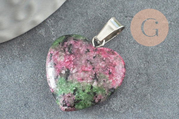 Pendentif coeur rubis zoisite naturel laiton platine 22mm, pendentif pour création bijou amour x1 G2580