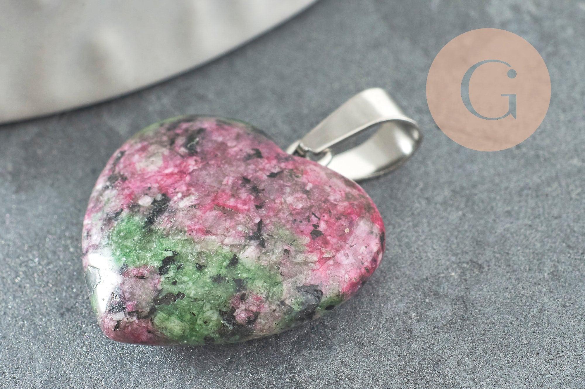 Pendentif coeur rubis zoisite naturel laiton platine 22mm, x1 (G2580)