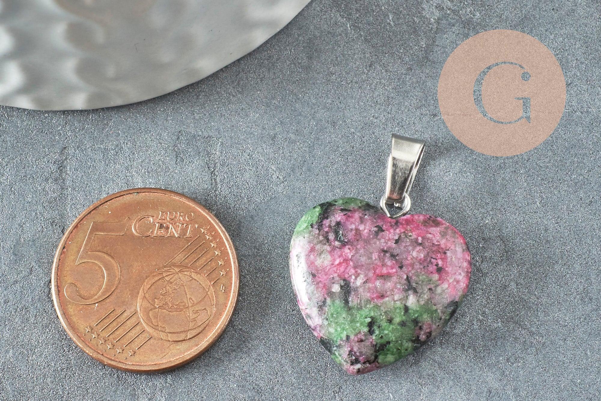 Pendentif coeur rubis zoisite naturel laiton platine 22mm, x1 (G2580)