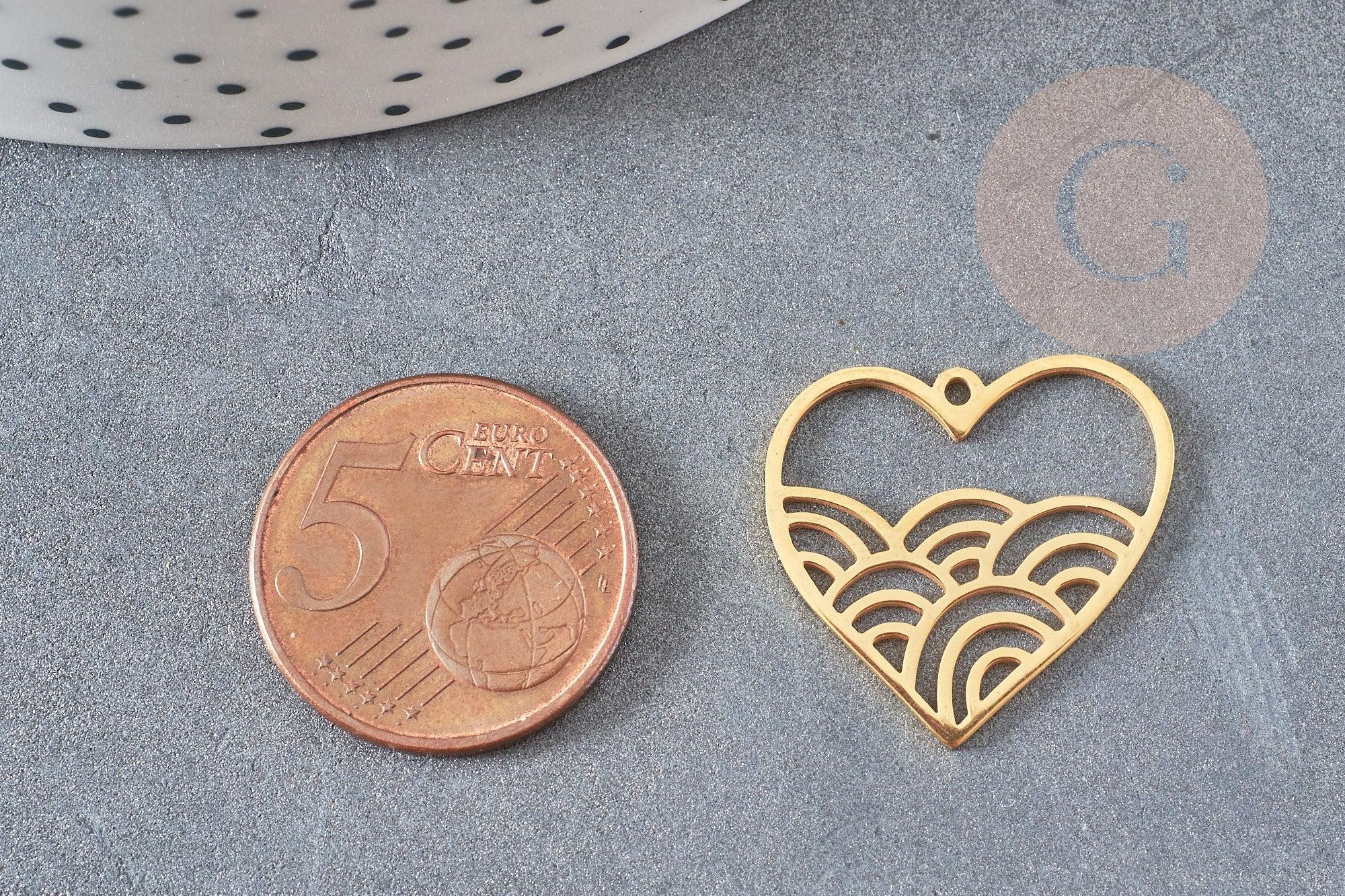 Pendentif coeur vagues acier 201 inoxydable doré 22.5mm, x1 (G6275)