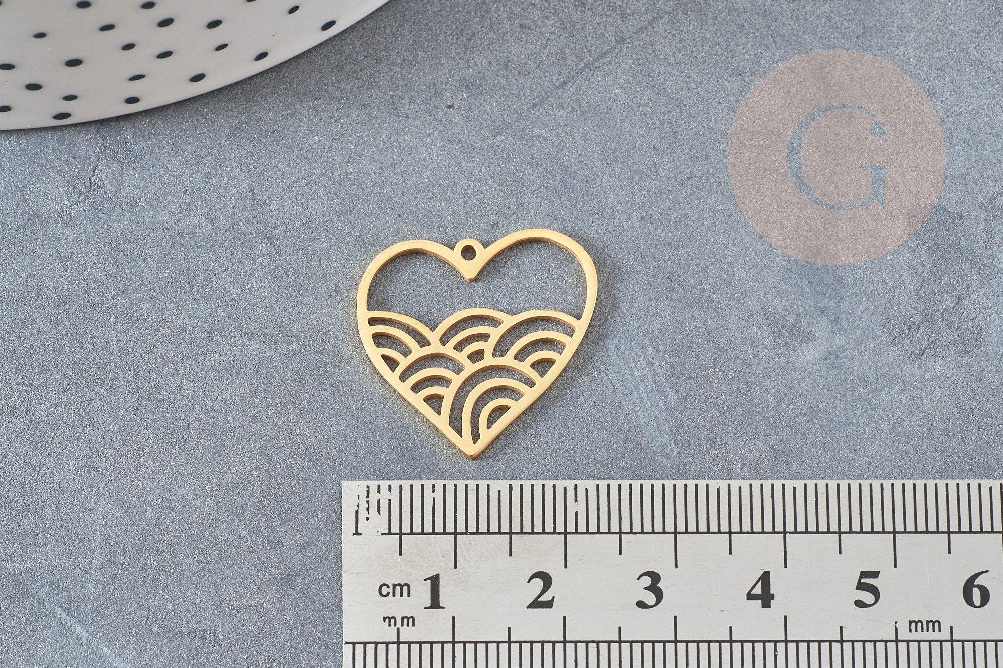 Pendentif coeur vagues acier 201 inoxydable doré 22.5mm, x1 (G6275)