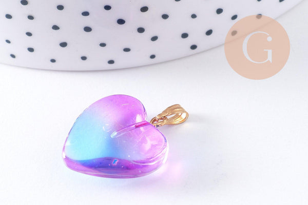 Pendentif coeur verre bleu rose transparent fer doré 22mm, x1 (G10622)