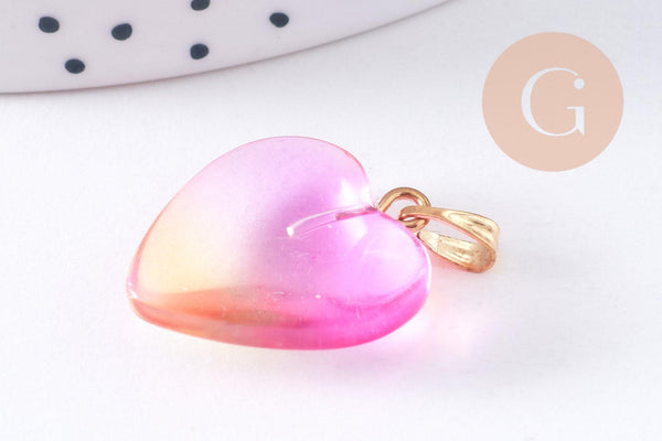 Pendentif coeur verre rose jaune transparent fer doré 22mm, x1 (G10621)