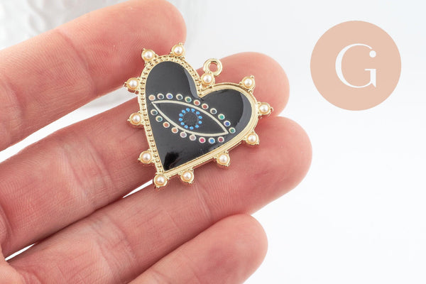 Pendentif coeur zamac doré émail noir 33mm, x1 (G4116)