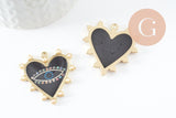 Pendentif coeur zamac doré émail noir 33mm, x1 (G4116)