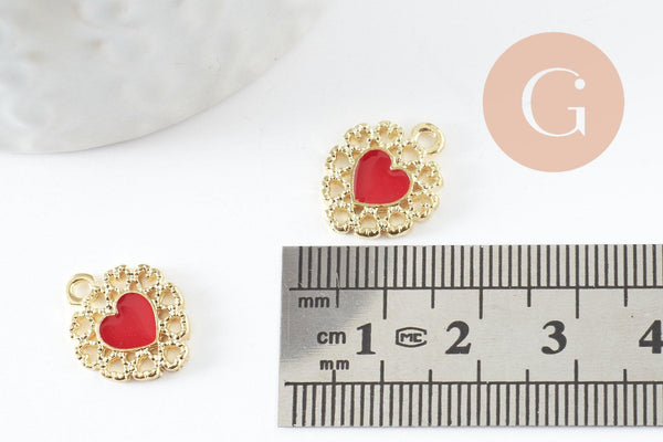 Pendentif coeur zamac doré émail rouge 16mm, création bijou coeur et amour, un bijou en dentelle dorée x2 (G4221)