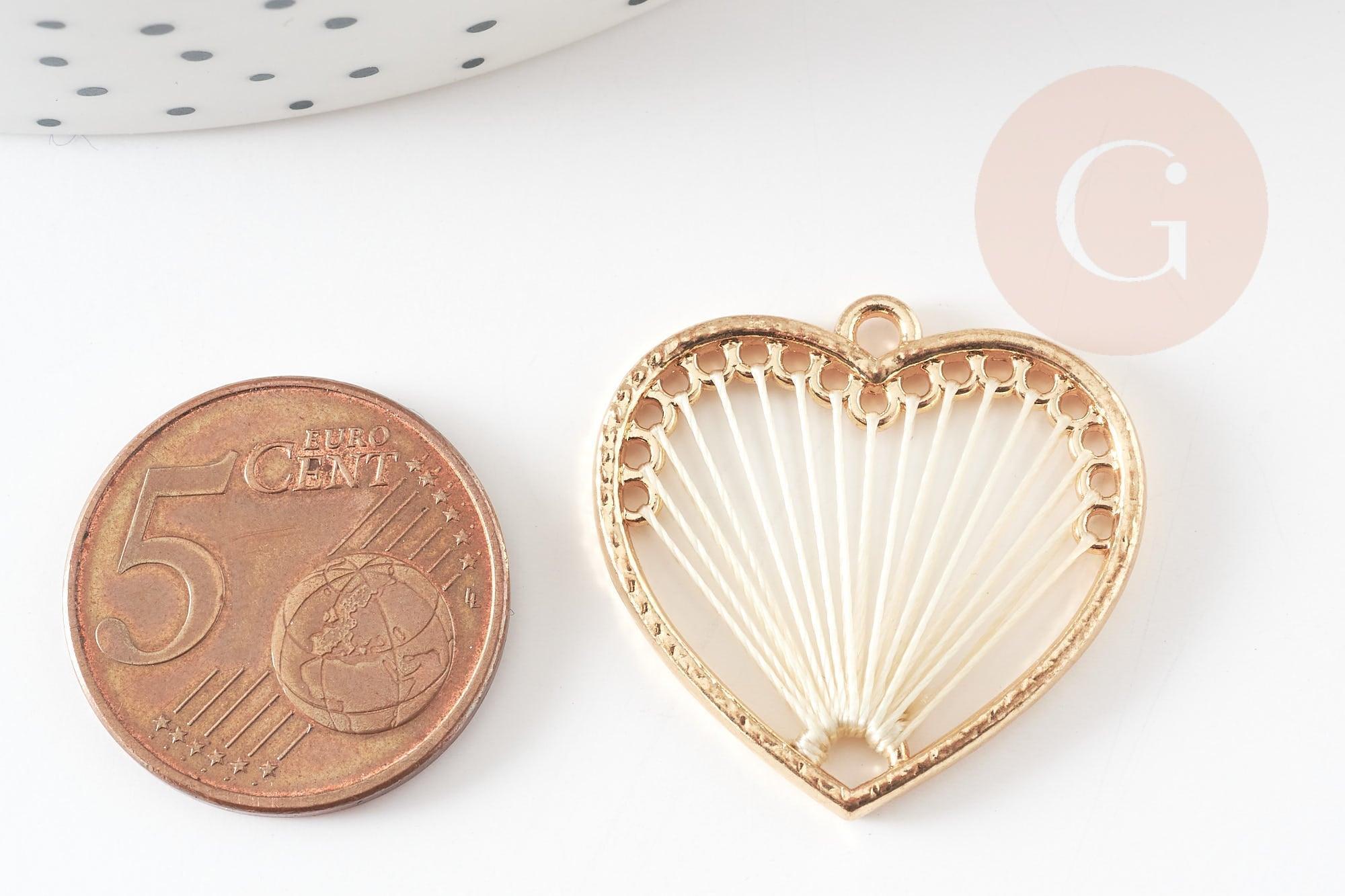 Pendentif coeur zamac doré tissé coton blanc 26.5mm, sans nickel, perle géométrique, x2 (G3767)