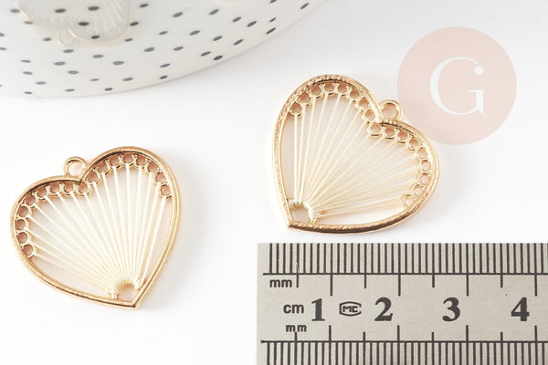 Pendentif coeur zamac doré tissé coton blanc 26.5mm, sans nickel, perle géométrique, x2 (G3767)