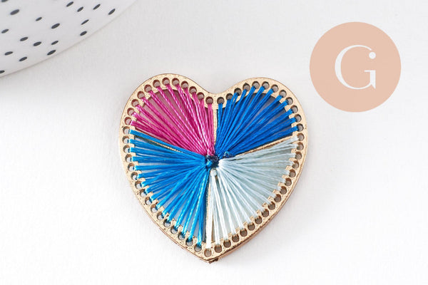 Pendentif coeur zamac doré tissé fil multicolore 26.5mm,fournitures créatives, sans nickel,perle géométrique, x1 (G5843)