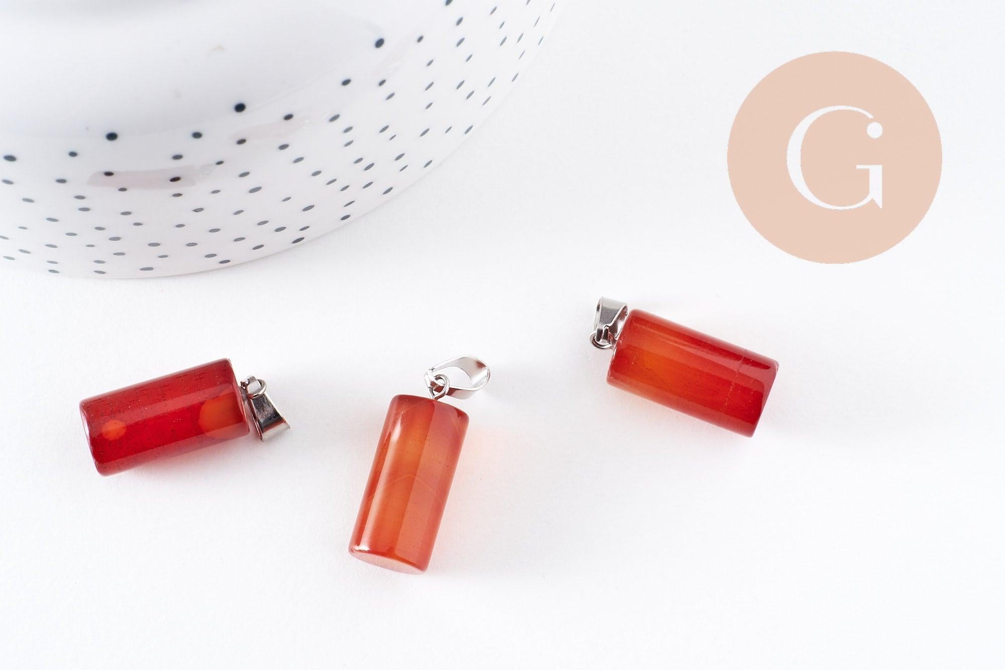 Pendentif colone agate naturelle rouge acier inoxydable platine 25mm, x1 (G10074)