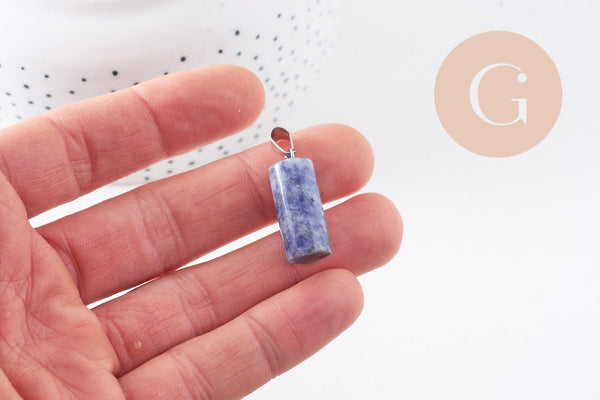 Pendentif colone jaspe bleu naturel acier inoxydable platine 25mm, x1 (G10075)