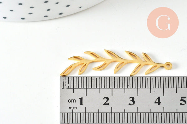 Pendentif connecteur acier doré inoxydable feuille 44mm, bijou acier hypoallergénique sans libération de nickel, x1, G6338